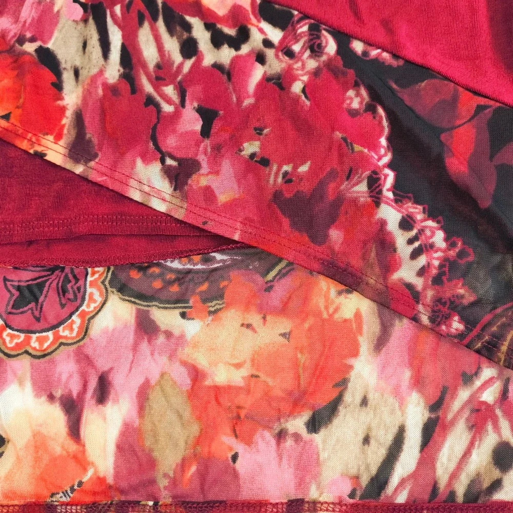 Chico's Asymmetrical Tunic Top Red Floral Chiffon Hem‎ 3/4 Sleeve Blouse Size M
